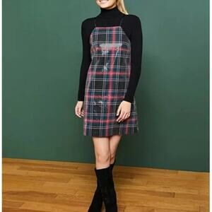 Copper Key Plaid Tartan Sequin Sleeveless Mini Shift Dress Black Red Size M NWT